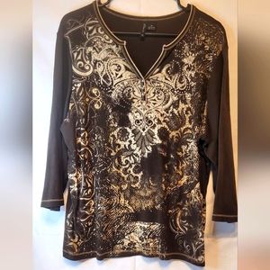 New Directions Woman' Brown Bejeweled Top with 3/4 Sleeves and V-Neck , Size 1X.